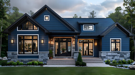 Modern Blue House with Stone Accents - Exterior Photo