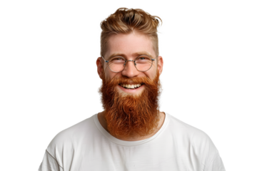 People, youth, positiveness concept. Happy male with long thick ginger beard, has friendly smile, rejoices having day off for his hobby, expresses happiness, stands alone against white wall.