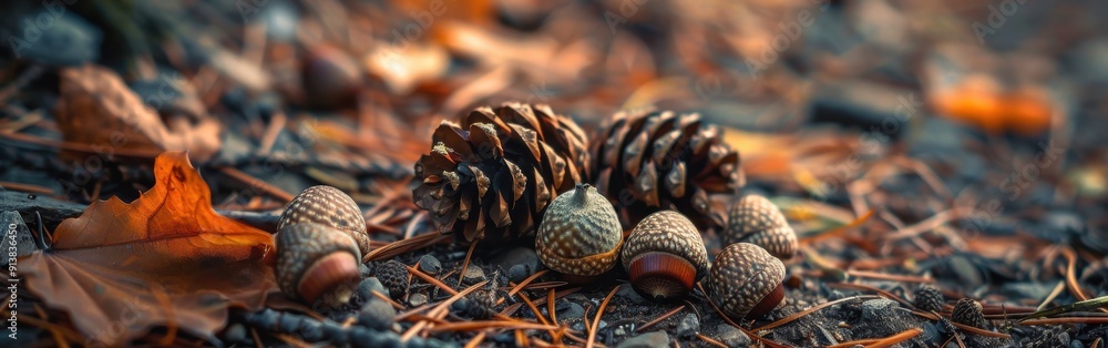Aufkleber a collection of pine cones and acorns lie on a bed of fallen leaves and pine needles in a forest. th