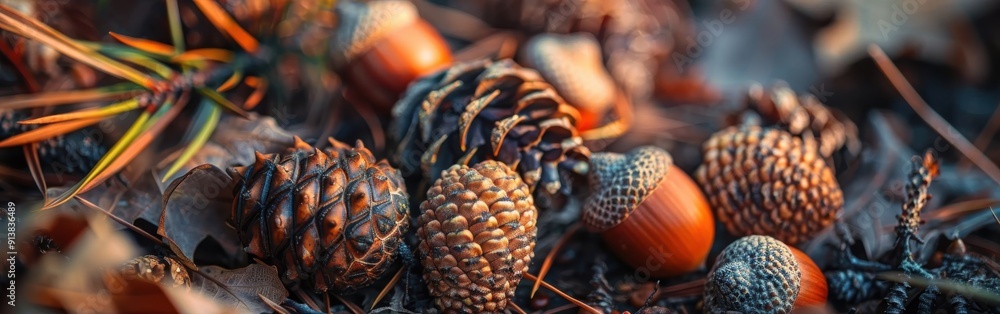 Poster acorns and pine cones sit on a bed of fallen leaves in a forest setting. the cones and acorns are il