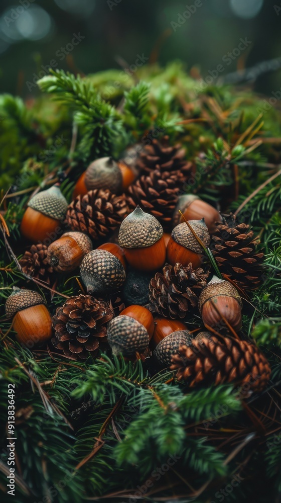 Poster acorns and pine cones are nestled amongst evergreen branches in a forest setting. the natural light 