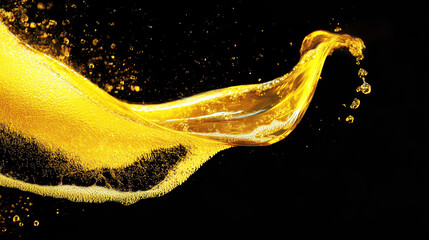 Yellow liquid flowing in the air on black background, with bubbles and splashes of golden oil or beer