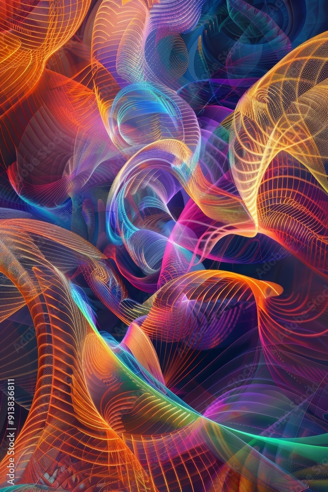 Poster vibrant digital signal transformation with intricate patterns and dynamic colors for modern designs