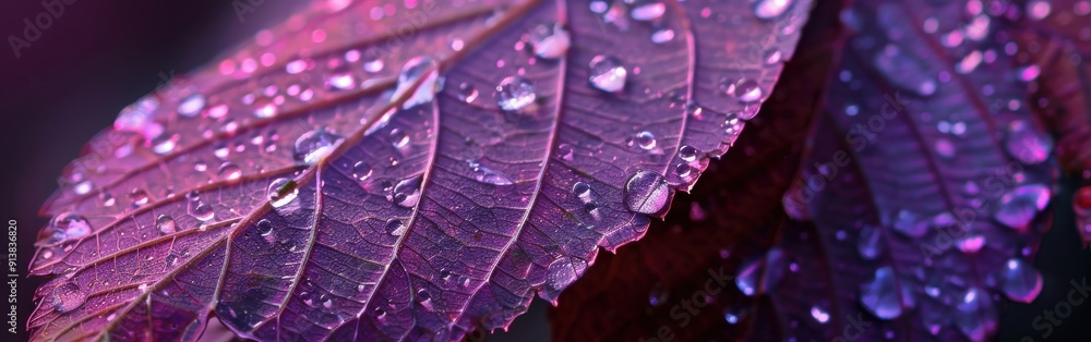 Poster a close-up view of a vibrant purple leaf covered in glistening raindrops. the raindrops reflect the 