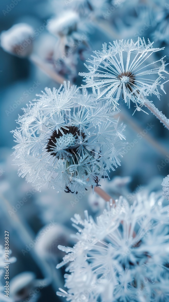 Poster A close-up view of a cluster of dandelions, each covered in a thick layer of frost, creating intricate, crystalline patterns. The soft, blue light of winter illuminates the delicate beauty of the froz