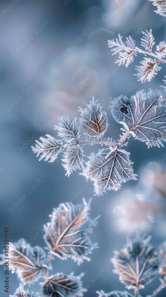 Poster a close-up view of delicate leaves on a branch, completely covered in frost. the leaves are illumina