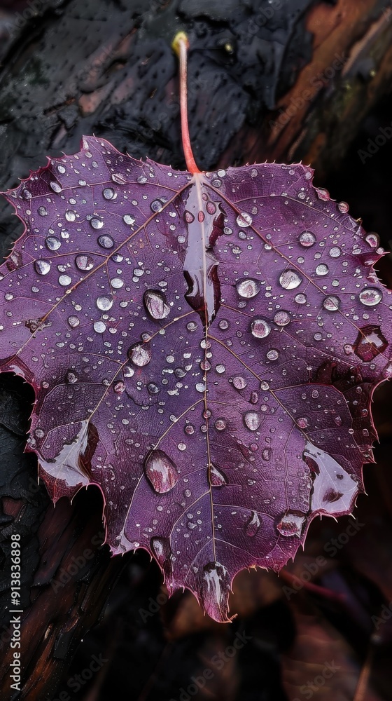 Poster a single, vibrant purple autumn leaf with a jagged edge is resting on a dark forest floor. it is cov
