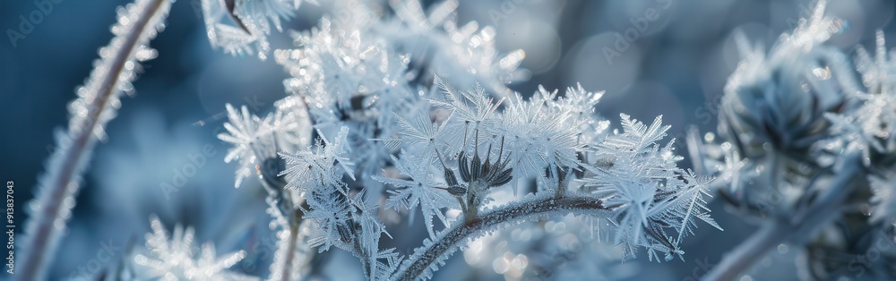Poster A close-up view of a branch covered in frost, showcasing the intricate details of the ice crystals and a blurred background. The frozen branches create a delicate and delicate landscape against the ba