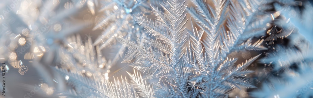 Poster A close-up shot of ice crystals forming intricate patterns on a branch. The delicate crystalline structures are highlighted by the soft light, creating a beautiful and ethereal image.