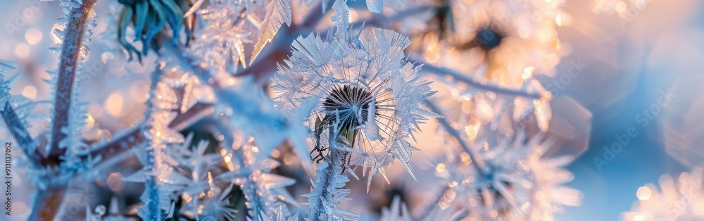 Aufkleber a single dandelion, coated in a thick layer of frost, stands out against a backdrop of blurred branc