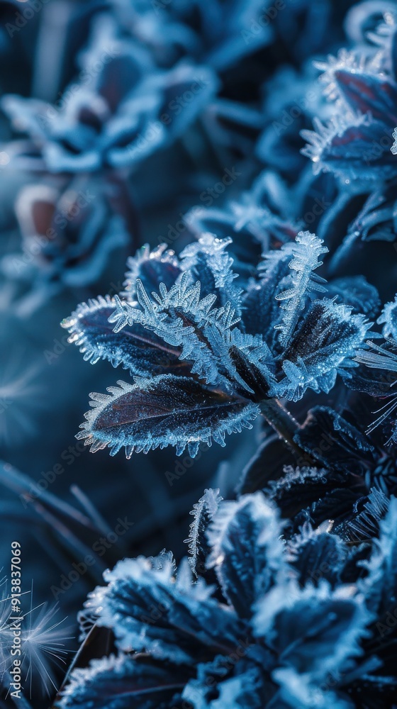 Aufkleber a close-up shot captures a cluster of leaves covered in a thick layer of frost. the delicate ice cry