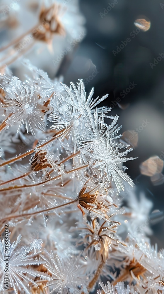 Aufkleber A close-up view of dried flower seeds coated in frost crystals during a cold winter day. The intricate patterns of the frost are highlighted against the blurred background, creating a delicate and eth