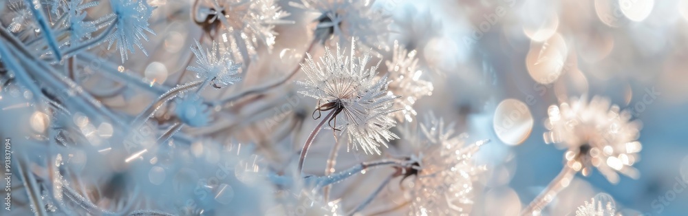 Poster a close-up shot of delicate dandelion seeds covered in frost, illuminated by the warm glow of winter
