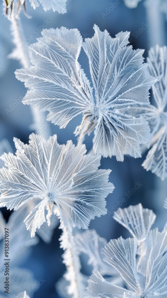 Poster The image shows a close-up of delicate plant leaves covered in a layer of frost, illuminated by the soft light of winter sunshine. The delicate patterns of the frost are highlighted against a backdrop