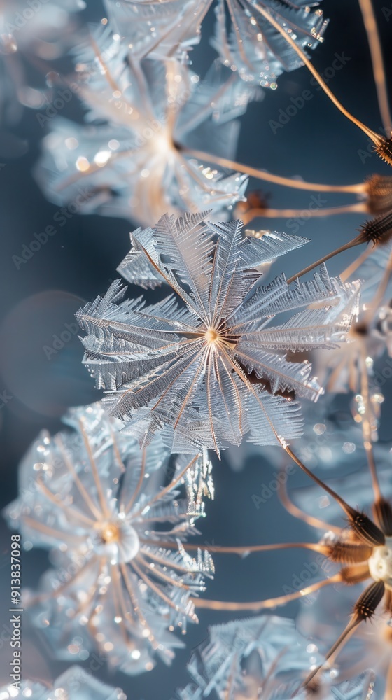 Poster A close-up image of a dandelion seed head covered in frost, the delicate white hairs of the seed head are illuminated by the sun, creating a beautiful and intricate pattern. The background is a soft b