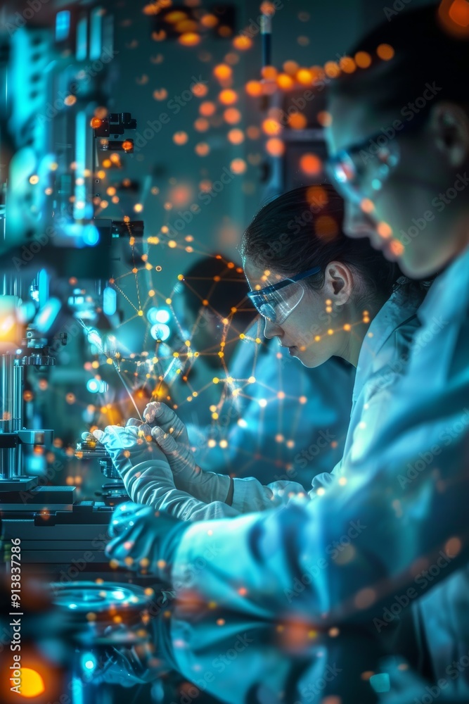 Poster scientists conducting high-tech microwave signal experiment in dynamic research environment