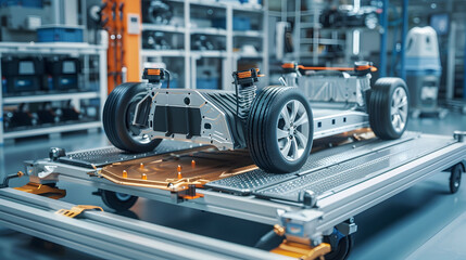 Fototapeta premium Electric car research and development with ev car with pack of battery cells module on platform in laboratory