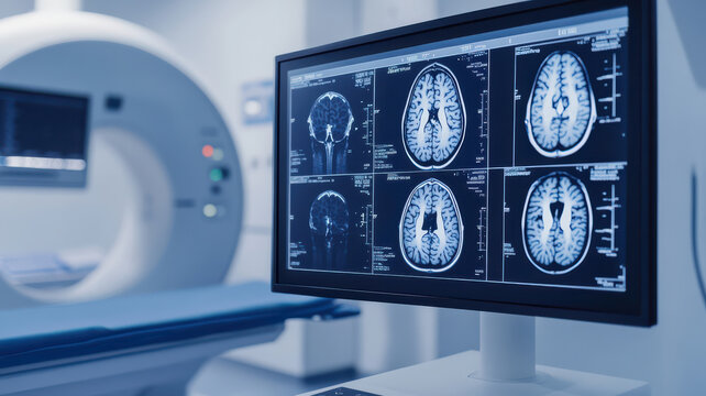 Illustration of understanding stroke and vascular brain issues, brain health. MRI images on the monitor screen	
