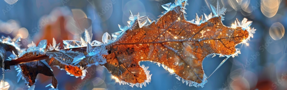 Aufkleber A close-up view of a single oak leaf with a intricate pattern of frost covering its surface. The leaf is a warm, reddish-brown color and appears translucent, with the light shining through its delicat