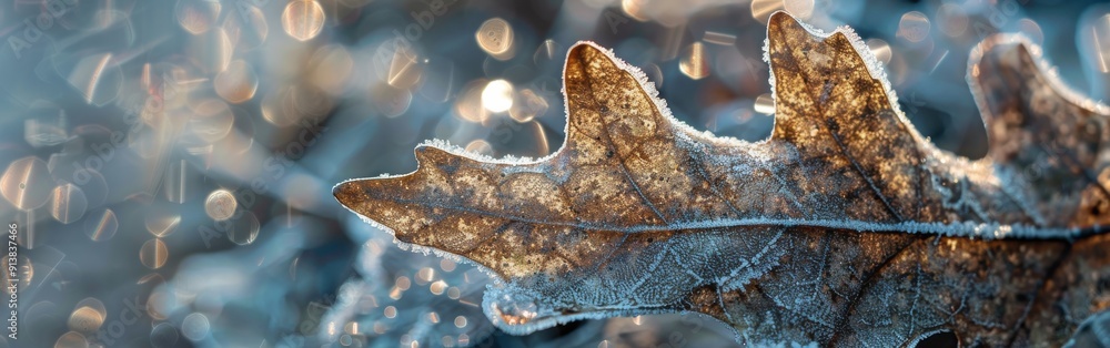 Poster a single oak leaf, covered in frost, hangs on a branch with sunlight shining through it, creating a 
