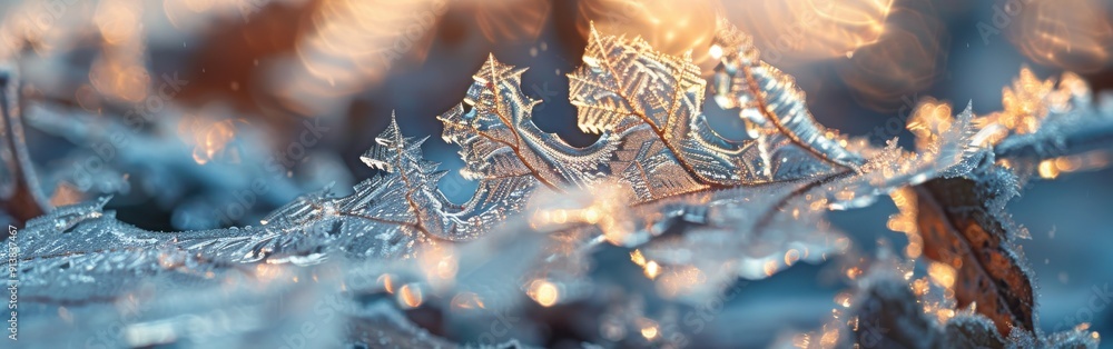 Aufkleber A close-up view of a leaf covered in ice crystals, illuminated by the warm glow of the winter sun. The intricate patterns of the frozen water create a beautiful and delicate design, highlighting the b