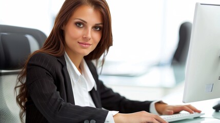 Obraz premium Confident businesswoman working on a computer at her desk. Professional office environment. Corporate career and business concept.
