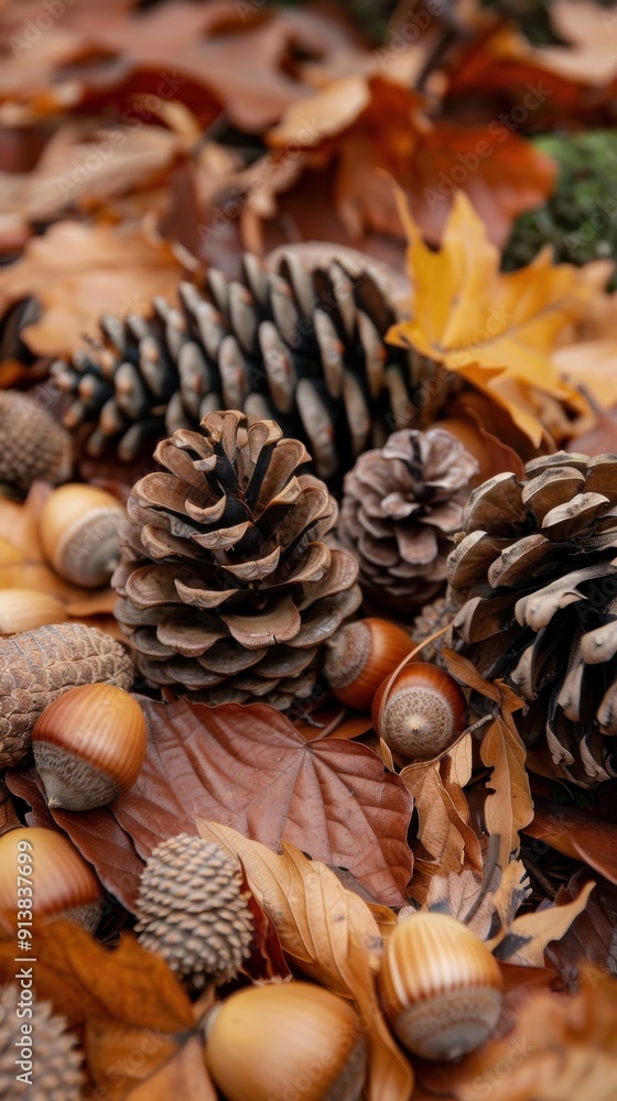 Poster close-up view of a collection of pine cones, acorns, and leaves scattered on the forest floor in aut