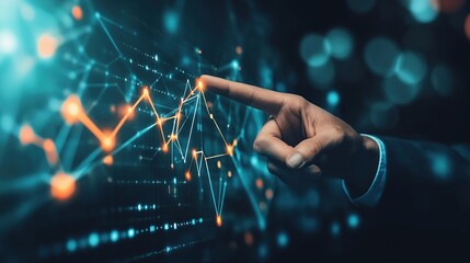 Businessman touching a digital line graph and data moving and financial network connection, analysing data to increase sales