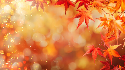 Fototapeta premium Orange maple leaves on the ground with a bokeh effect defocused background,