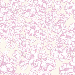 Pastel abstract artistic seamless floral pattern. Blooming meadow print on light background. Vector hand drawing stylized peonies, rose. Nature ornament for designs, textile,  design fabric