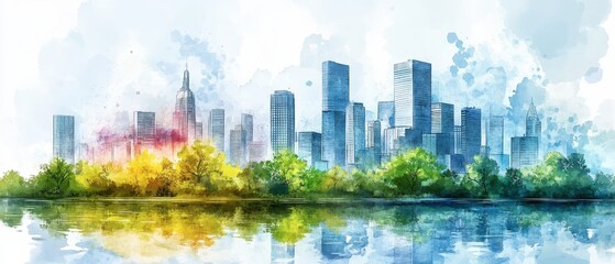 Naklejka premium City skyline with water pollution monitoring systems, clean river, urban environment, watercolor style