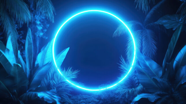 abstract background with a neon blue circular frame on a dark jungle scene with tropical leaves and palm trees at night, a glowing ring in the center of the picture in the style of tropical leaves and