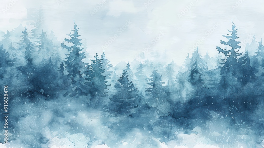 Poster a watercolor painting of a snowy forest in the winter. the trees are tall and covered in snow, and t