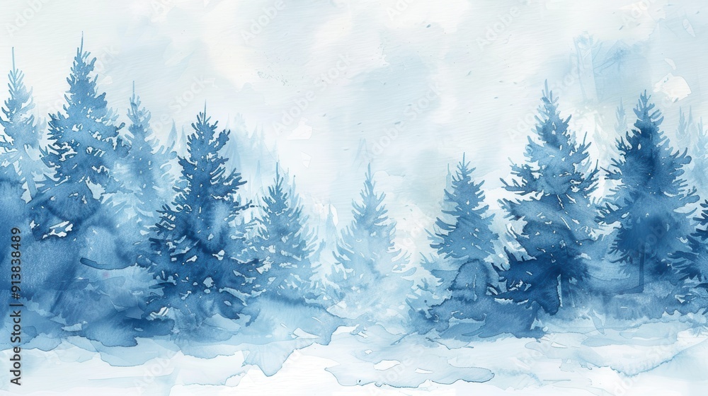 Poster a watercolor painting depicting a snowy forest during the winter season. the trees are tall and slen
