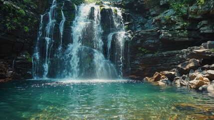 Naklejka premium A sizable waterfall, nestled amidst a body of water, encircled by rocks, and featuring a crystal-clear blue pool beneath