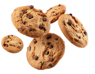 chocolate chip cookies floating/falling isolated on a white background transparent png
