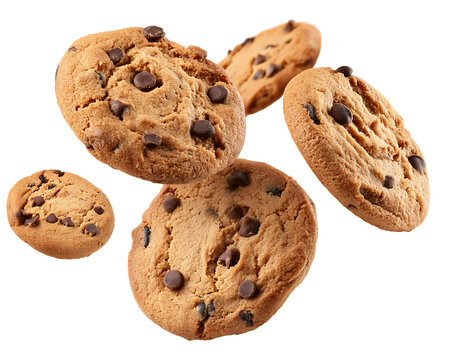 chocolate chip cookies floating/falling isolated on a white background transparent png