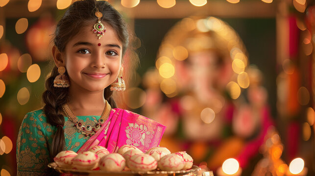 Cute indian little girl child holding laddoo plate