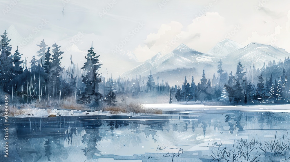 Poster a watercolor painting depicts a serene winter scene. a frozen lake reflects the surrounding snowy mo