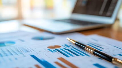 Fototapeta premium A close-up of a corporate document or report on a desk, with a focus on charts, graphs, and detailed data, illustrating business analysis and planning