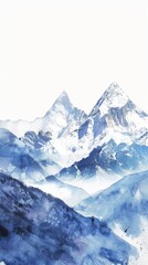 Fototapeta premium A picturesque watercolor painting showcases a towering mountain range bathed in a soft, ethereal light. The peaks are covered in pristine white snow, with hints of blue and gray hues highlighting the 