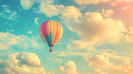 Obraz premium A colorful hot air balloon rising into the sky, symbolizing freedom, adventure, and the uplifting feeling of reaching new heights and exploring possibilities.