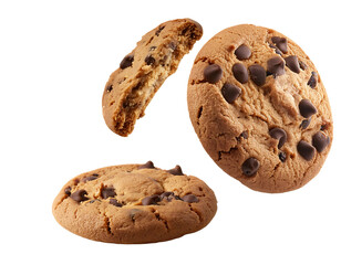 chocolate chip cookies floating/falling isolated on a white background transparent png