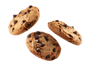 chocolate chip cookies floating/falling isolated on a white background transparent png