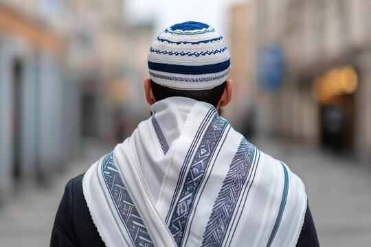 Jewish man in white festive attire. Traditional tallit shawl. Prayer clothing. Celebrating Rosh Hashanah, Passover, Shabbat, Hanukkah, Yom Kippur, Shavuot - Powered by Adobe