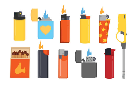lighters set. cartoon flat burning accessory, smoking fire and light plastic equipment, fuel gasoline flaming heat lighters collection. vector cartoon objects set.