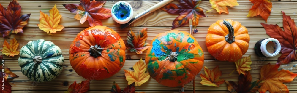 Aufkleber a wooden table is covered with colorful fall leaves. four pumpkins are arranged on the table, each p