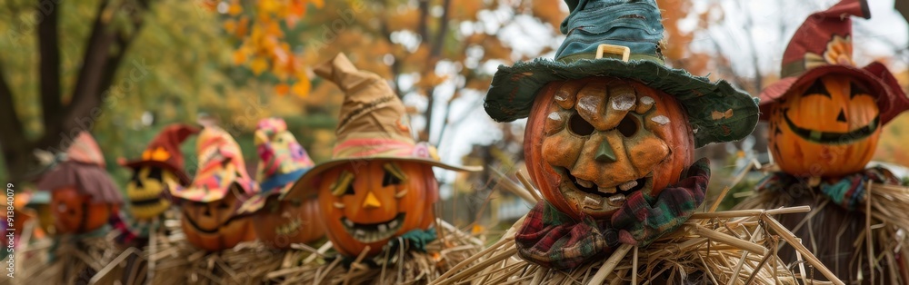 Poster a close-up view of carved pumpkin scarecrows decorated for a fall festival. the pumpkins are all wea