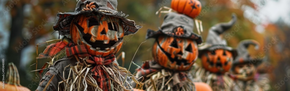 Poster close-up view of three scarecrows decorated for halloween. each scarecrow has a carved pumpkin for a