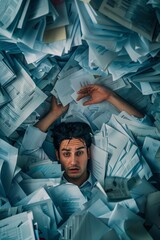 Overwhelmed Employee Amidst Piles of Paperwork Depicting Stressful Toxic Work Environment